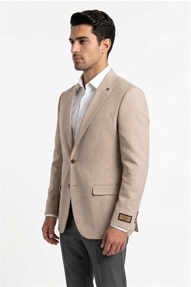 Erkek Slim Fit Sivri Yaka Yarım Astar Bej Ceket