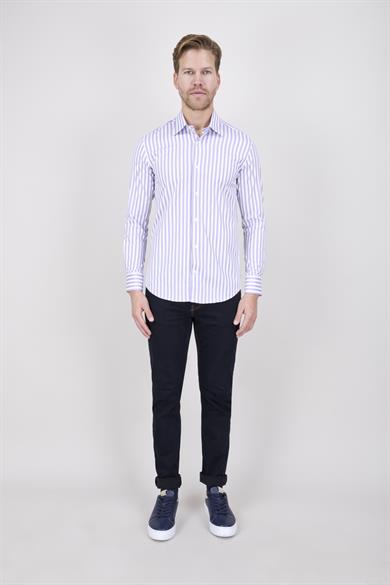 Erkek Slim Fit Arkası Pensli Beyaz Lila Çizgili Gömlek