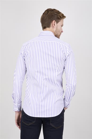 Erkek Slim Fit Arkası Pensli Beyaz Lila Çizgili Gömlek