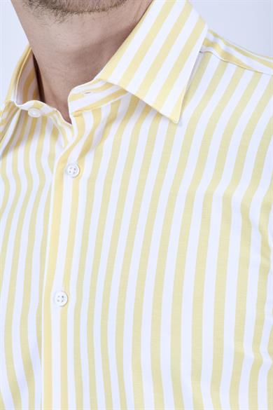 Erkek Slim Fit Arkası Pensli Beyaz Sarı Çizgili Gömlek