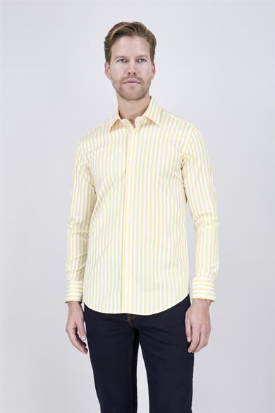 Erkek Slim Fit Arkası Pensli Beyaz Sarı Çizgili Gömlek