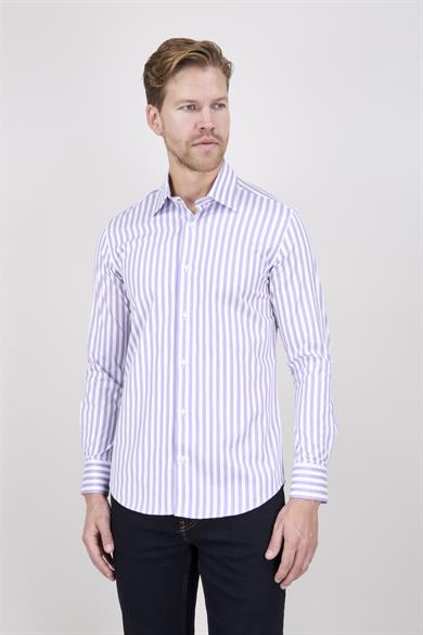 Erkek Slim Fit Arkası Pensli Beyaz Lila Çizgili Gömlek