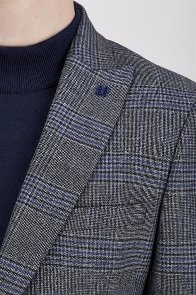 Erkek Slim Fit Sivri Yaka Ekose Füme Ceket