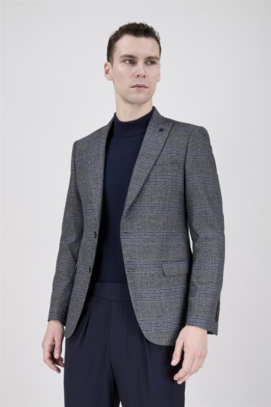 Erkek Slim Fit Sivri Yaka Ekose Füme Ceket