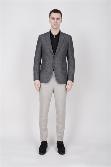 Erkek Slim Fit Sivri Yaka Ekose Füme Ceket