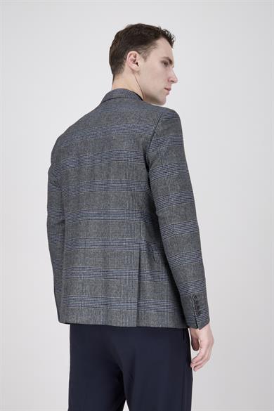 Erkek Slim Fit Sivri Yaka Ekose Füme Ceket