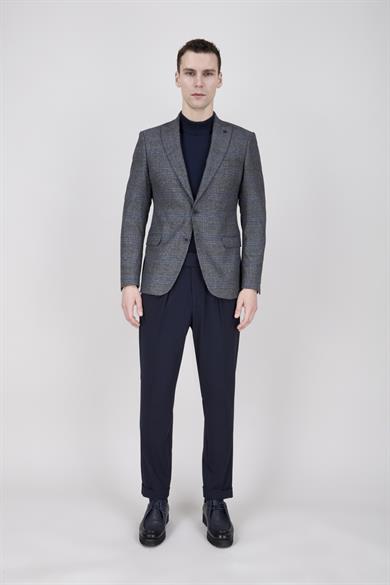 Erkek Slim Fit Sivri Yaka Ekose Füme Ceket