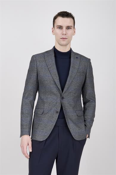 Erkek Slim Fit Sivri Yaka Ekose Füme Ceket