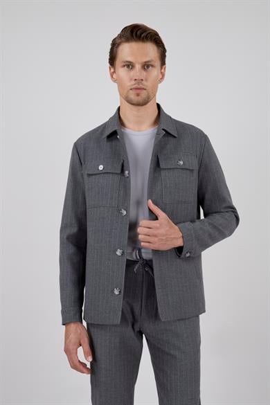 Erkek Slim Fit Gri Renk Gömlek Ceket Kapak Cepli Spor Alt Üst Takım