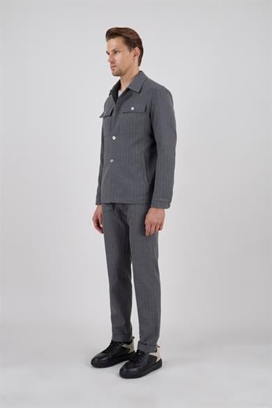 Erkek Slim Fit Gri Renk Gömlek Ceket Kapak Cepli Spor Alt Üst Takım