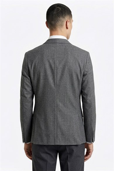 Erkek Slim Fit Sivri Yaka Gri Yelekli Takım Elbise