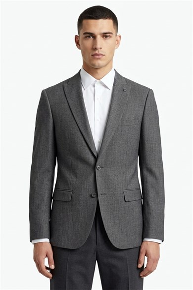Erkek Slim Fit Sivri Yaka Gri Yelekli Takım Elbise