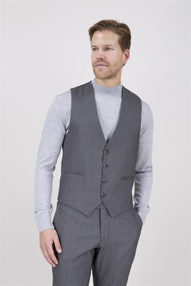 Erkek Slim Fit Sivri Yaka Gri Yelekli Takım Elbise