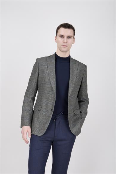 Erkek Slim Fit Mono Yaka Ekose Açık Ceket