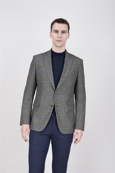 Erkek Slim Fit Mono Yaka Ekose Açık Ceket