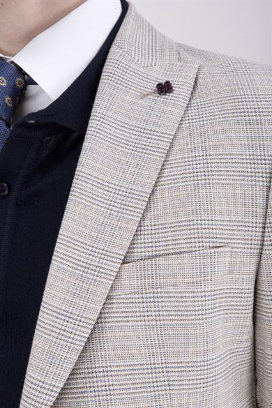 Erkek Slim Fit Mono Yaka Ekose Koyu Bej Ceket