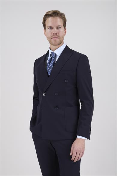 Erkek Slim Fit Sivri Yaka Torba Cep Yarım Astar Koyu Lacivert Kruvaze Takım Elbise