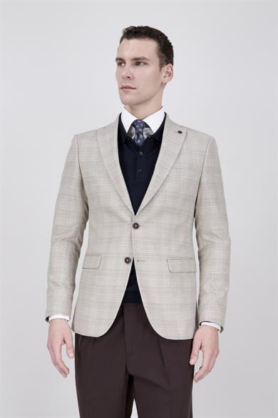 Erkek Slim Fit Mono Yaka Ekose Koyu Bej Ceket