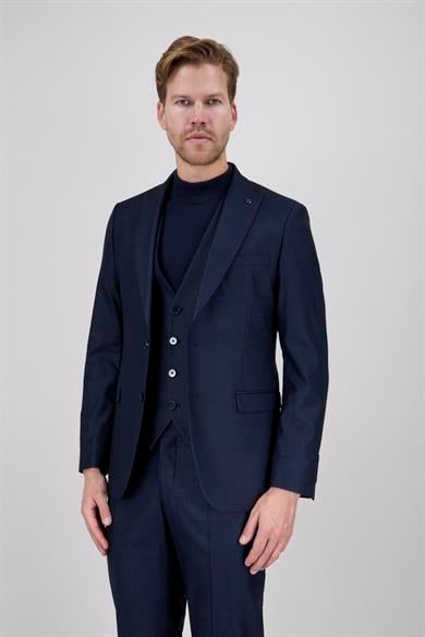 Erkek Slim Fit Sivri Yaka Koyu Lacivert Yelekli Takım Elbise