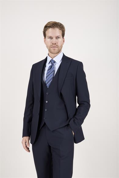 Erkek Slim Fit Sivri Yaka Koyu Lacivert 8 Drop Yelekli Takım Elbise