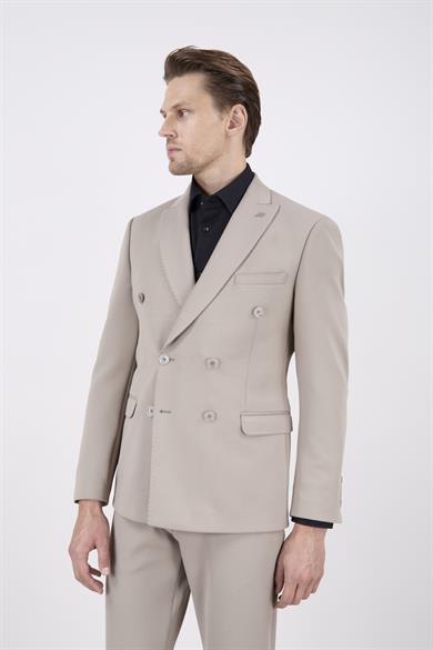 Erkek Slim Fit Sivri Yaka Puntolu Kapak Cepli Koyu Bej Yarım Astar Kruvaze Takım Elbise