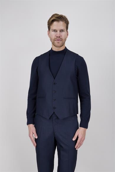 Erkek Slim Fit Sivri Yaka Koyu Lacivert Yelekli Takım Elbise