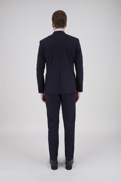 Erkek Slim Fit Sivri Yaka Torba Cep Yarım Astar Koyu Lacivert Kruvaze Takım Elbise