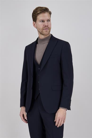 Erkek Slim Fit Sivri Yaka Koyu Lacivert Yelekli Takım Elbise