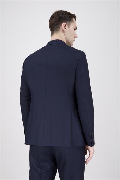 Erkek Slim Fit Sivri Yaka Koyu Lacivert Yelekli Takım Elbise