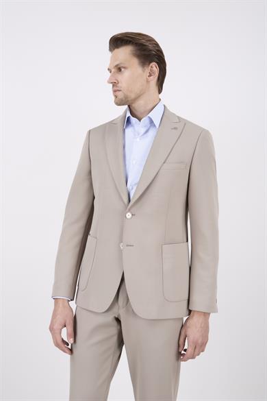 Erkek Slim Fit Sivri Yaka Puntolu Torba Cepli Koyu Bej Yarım Astar Takım Elbise
