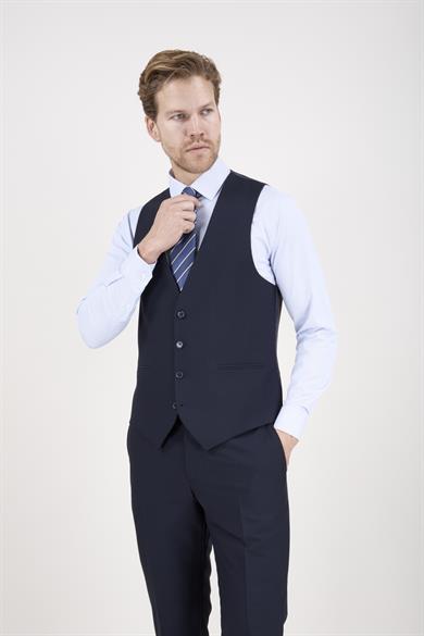 Erkek Slim Fit Sivri Yaka Koyu Lacivert 8 Drop Yelekli Takım Elbise