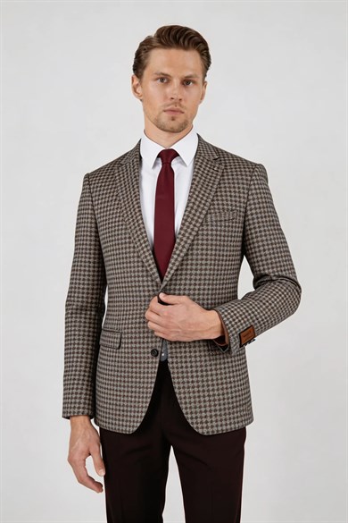 Erkek Slim Fit Sivri Yaka Koyu Kahve Kombin Takım Elbise