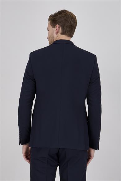 Erkek Slim Fit Sivri Yaka Koyu Lacivert Yelekli Takım Elbise
