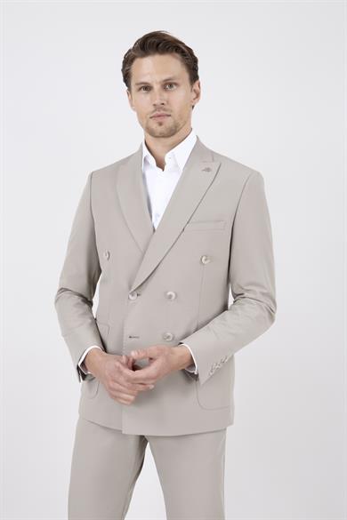Erkek Slim Fit Sivri Yaka Torba Cep Yarım Astar Koyu Bej Kruvaze Takım Elbise