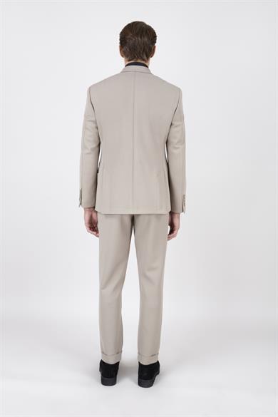 Erkek Slim Fit Sivri Yaka Puntolu Kapak Cepli Koyu Bej Yarım Astar Kruvaze Takım Elbise