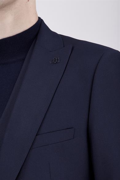 Erkek Slim Fit Sivri Yaka Koyu Lacivert Yelekli Takım Elbise