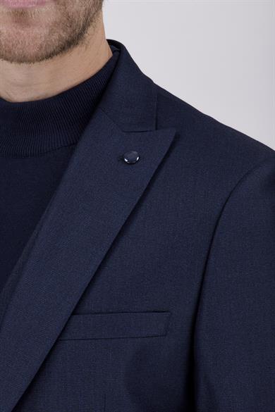 Erkek Slim Fit Sivri Yaka Koyu Lacivert Yelekli Takım Elbise