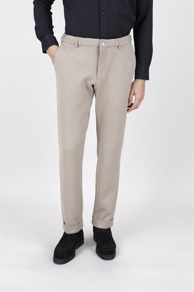 Erkek Slim Fit Sivri Yaka Puntolu Kapak Cepli Koyu Bej Yarım Astar Kruvaze Takım Elbise