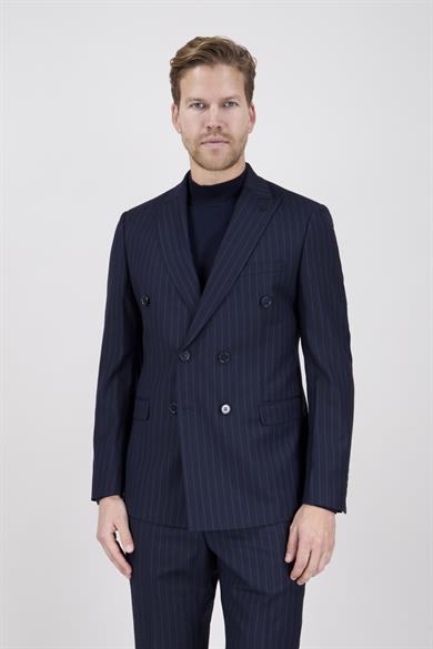 Erkek Slim Fit Sivri Yaka Koyu Lacivert Kruvaze Takım Elbise