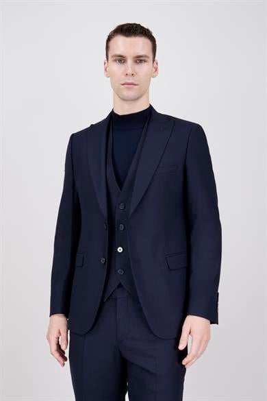 Erkek Slim Fit Sivri Yaka Koyu Lacivert Yelekli Takım Elbise