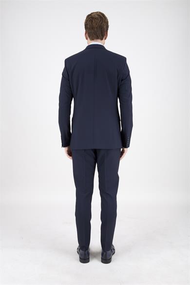 Erkek Slim Fit Sivri Yaka Koyu Lacivert 8 Drop Yelekli Takım Elbise