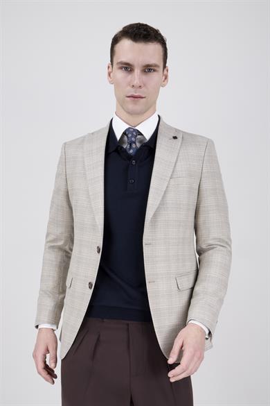 Erkek Slim Fit Mono Yaka Ekose Koyu Bej Ceket