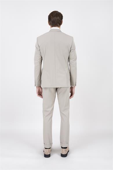 Erkek Slim Fit Sivri Yaka Torba Cep Yarım Astar Koyu Bej Kruvaze Takım Elbise