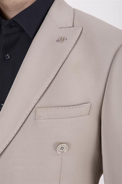 Erkek Slim Fit Sivri Yaka Puntolu Kapak Cepli Koyu Bej Yarım Astar Kruvaze Takım Elbise