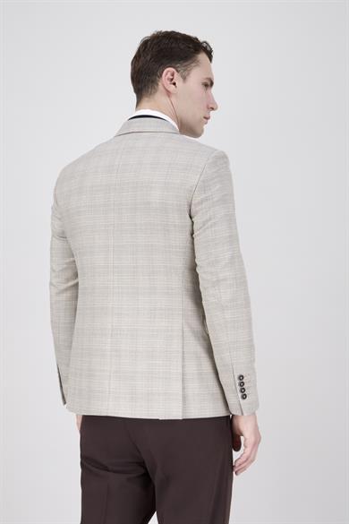Erkek Slim Fit Mono Yaka Ekose Koyu Bej Ceket