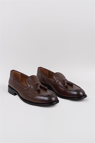 Erkek Kahverengi Hakiki Deri Püsküllü Klasik Ayakkabı