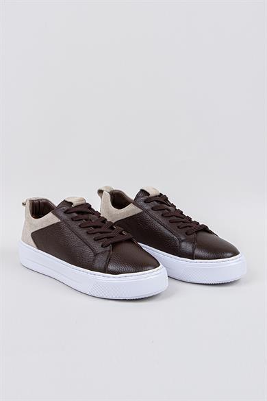 Erkek Kahverengi-Beyaz Taban Deri Sneaker Ayakkabı