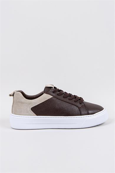 Erkek Kahverengi-Beyaz Taban Deri Sneaker Ayakkabı