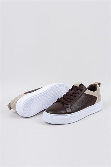 Erkek Kahverengi-Beyaz Taban Deri Sneaker Ayakkabı
