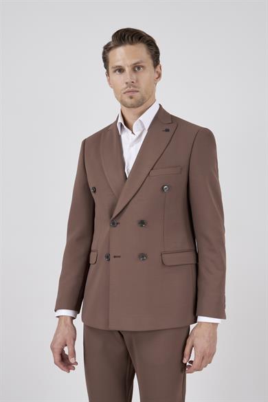 Erkek Slim Fit Sivri Yaka Puntolu Kapak Cepli Kahverengi Yarım Astar 6 Drop Kruvaze Takım Elbise